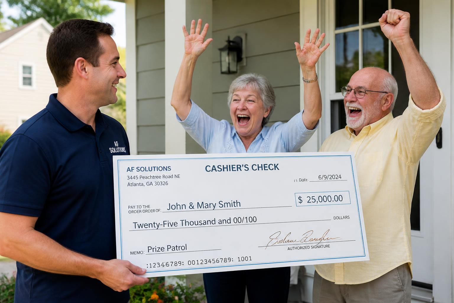 AF Solutions representative handing oversized check to a senior winner